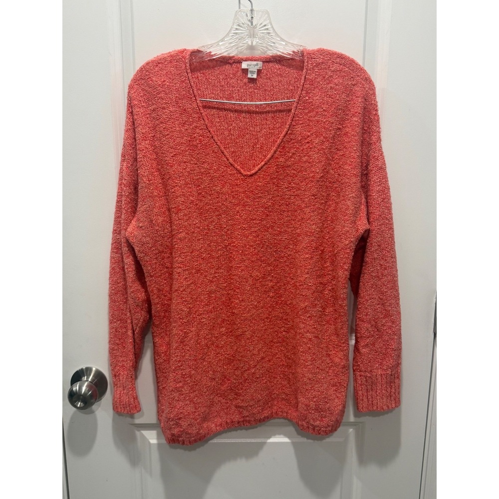 Pure Jill Women Sweater V-Neck Textured Cotton Blend Marled Coral M